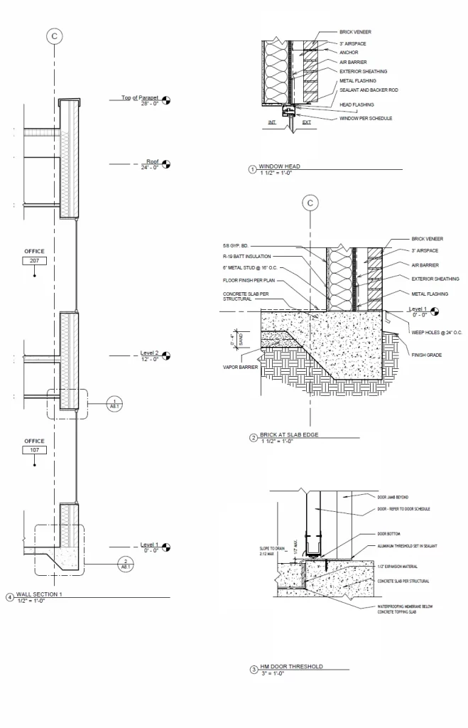 Construction details — wall section, window head & door threshold
