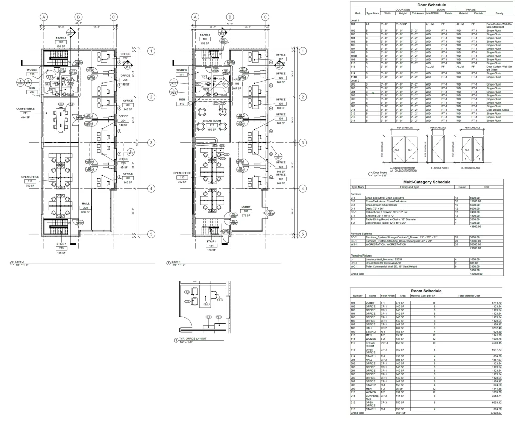 Floor plans with door, furniture & plumbing schedules
