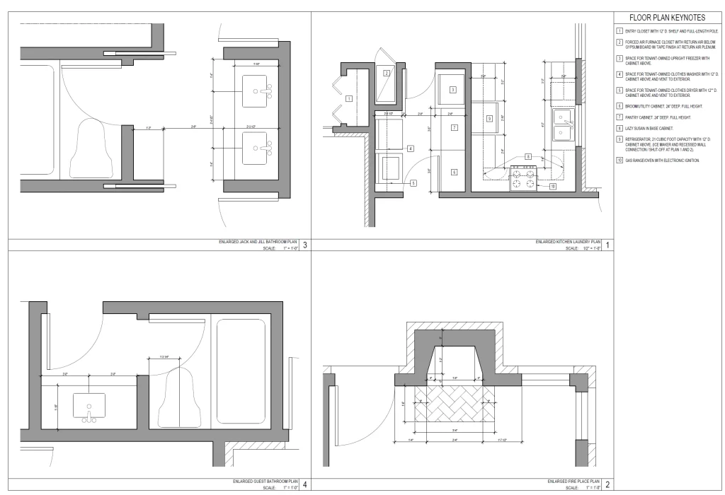 Enlarged plans — kitchen, laundry, bathrooms & fireplace
