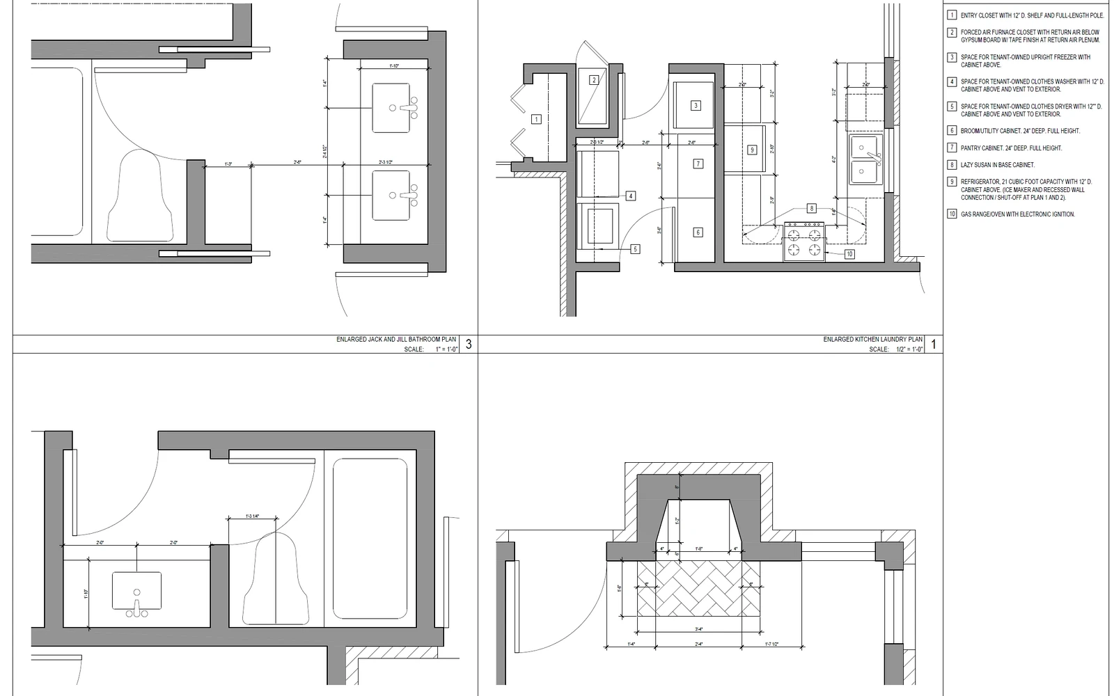 Remodel layout drafting services in San Diego showing kitchen and bathroom plans with dimensions and notes